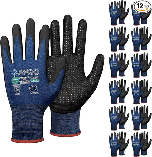 KAYGO MicroFoam Nitrile Coated Work Gloves, 12 Pairs KG19N Seamless Knit Nylon, Micro Dots for Enhanced Grip, Breathable and Durable, Ideal for Automotive, General Assembly, Painting, Blue, S