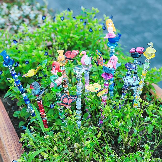 AIPRIDY 252 Pcs DIY Fairy Wand Garden Stakes Kit,Multiple Color Scheme European Beads Crystal Diamond Tops and 12 or 10 Inch Threaded Rods,Stainless Steel Stakes with Diamond Toppe(Fairy Tale)