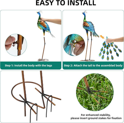 32" Metal Peacock Yard Decor - Handmade Oversize Peacock Sculptures with Stable Ground Stakes, Backyard Decoration, Metal Garden Art.