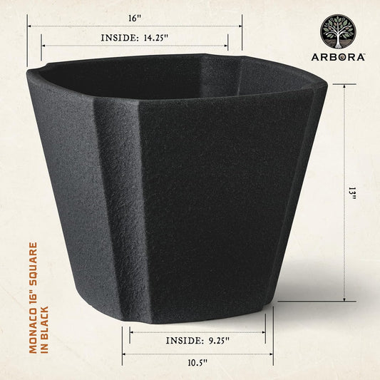 ARBORA 16" Monaco Square Polyresin Indoor and Outdoor Planter with Classic Black Finish - Durable, Weatherproof, Lightweight, Large Plant Pot for Patio, Garden, Deck, Entryway