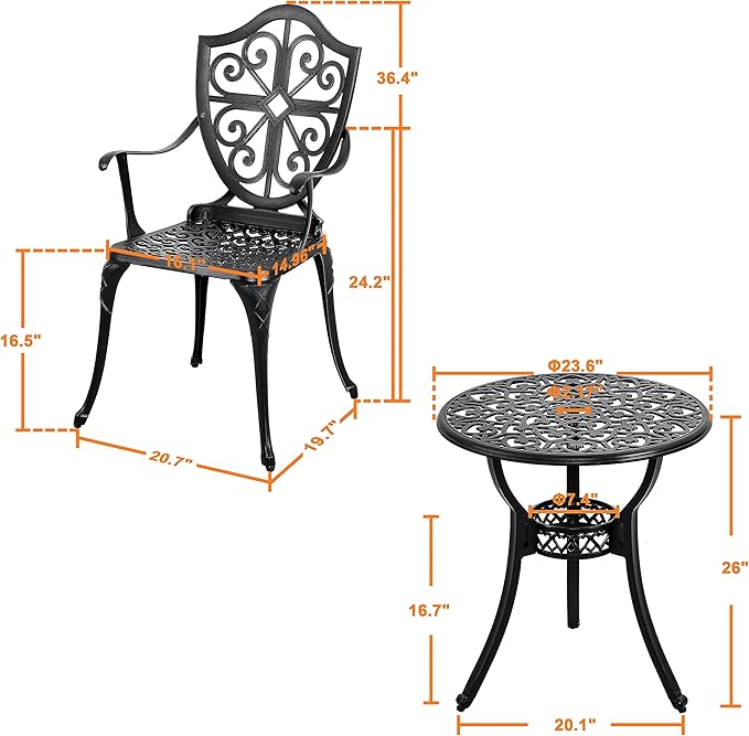 NUU GARDEN 3-Piece Outdoor Bistro Set, Round 24 Inch Cast Aluminum Bistro Table with 2.17" Umbrella Hole and 2 Cast Aluminum Bistro Chairs, for Patio, Garden, Backyard and Balcony, Black