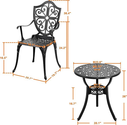 NUU GARDEN 3-Piece Outdoor Bistro Set, Round 24 Inch Cast Aluminum Bistro Table with 2.17" Umbrella Hole and 2 Cast Aluminum Bistro Chairs, for Patio, Garden, Backyard and Balcony, Black