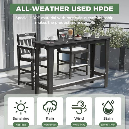 HDPE Outdoor Patio Bar Set with High Top Table and 2 Adirondack Chairs, All-Weather Bar Height Outside Rectangular Pub Furniture for Bistro, Garden, Backyard, Deck | 3-Pieces, Matte Black