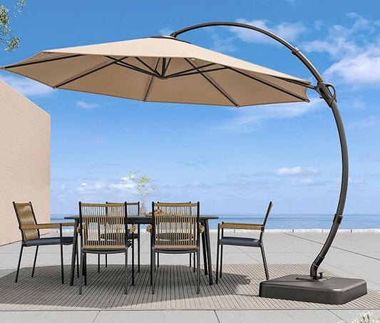 LAUSAINT HOME Outdoor Patio Umbrella with Base included, 12 FT Deluxe Curvy Cantilever Umbrella Heavy Duty Offset Hanging Umbrella with 360° Rotation for Market, Pool, Garden, Backyard, Deck (Beige)