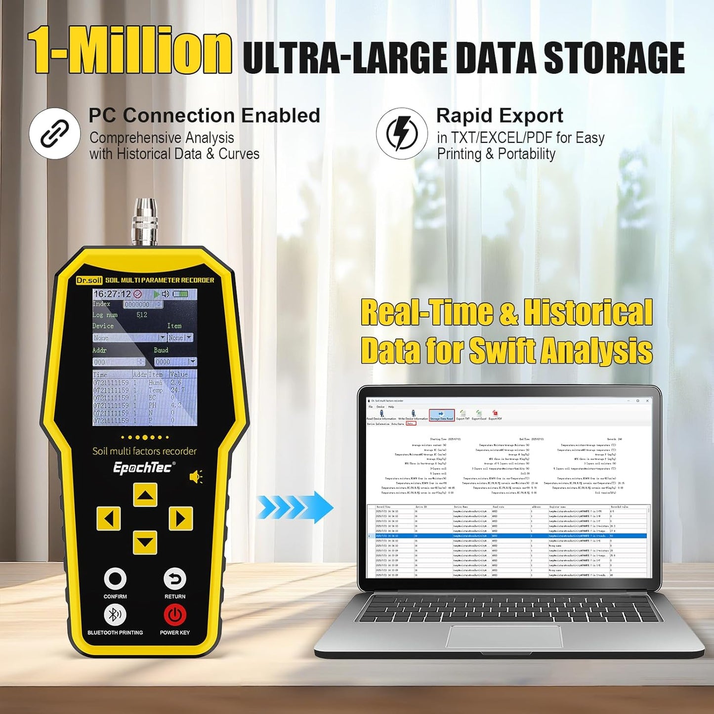 7 in 1 Soil Tester, ±1% High Precision Digital NPK Tester/Soil Moisture Meter/PH Tester/Temperature/EC Monitor for Agriculture, Plant Cultivation, Geological Survey with Data Storage & Export