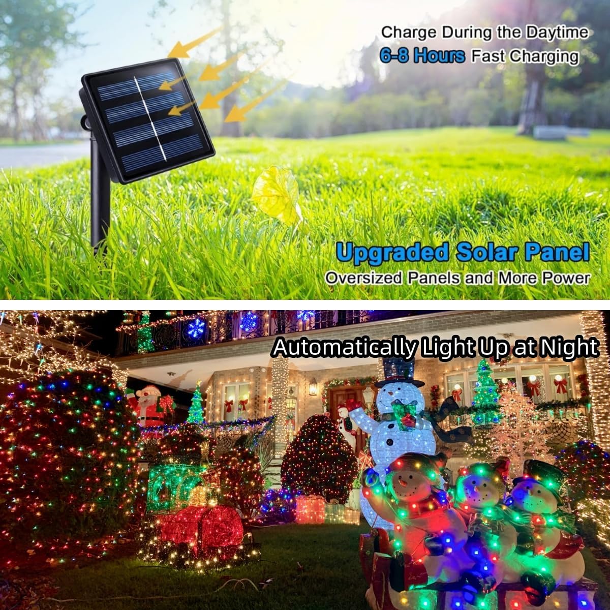 QITONG 2 Pack Multicolor Solar Christmas Lights, Each 66ft 200 LED Solar Fairy Lights Outdoor Waterproof, 8 Modes Silver Wire Solar Mini Twinkle Lights