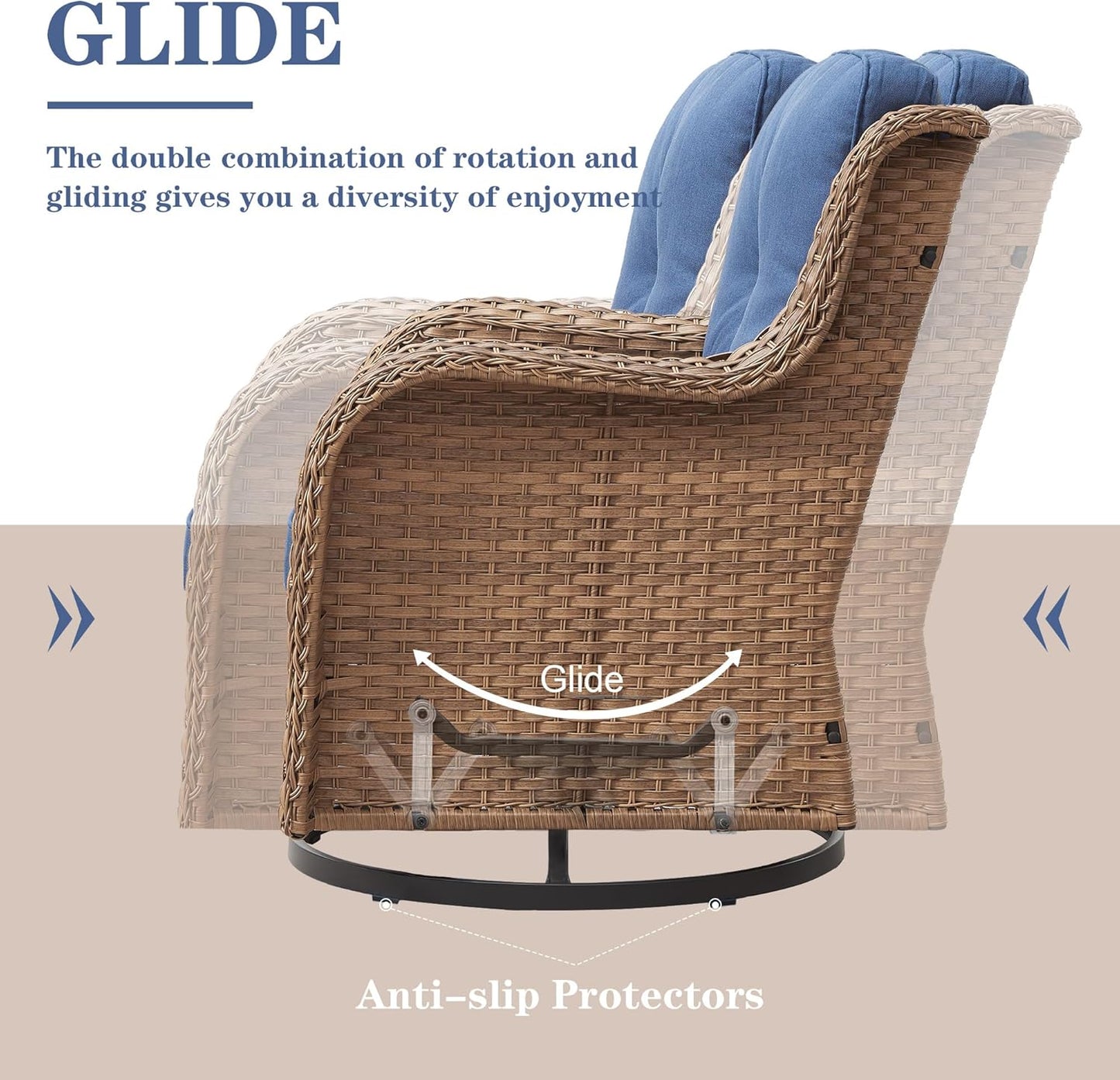 5 Pieces Patio Furniture Sets Wicker Outdoor Furniture, Rattan Patio Swivel Glider Chairs with 2 Ottoman and Glass Side Table, Yellow