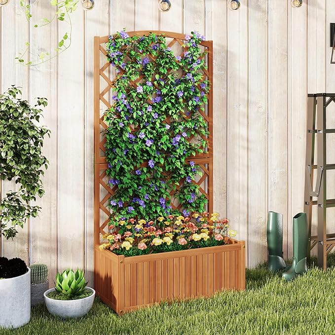HAPPYGRILL Wooden Raised Garden Bed with Trellis, 63" Tall Planter Box with Trellis & Slat Bottom Base Vine Climbing Plants Flowers, Outdoor Freestanding Garden Box for Backyard Balcony (1)