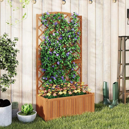 HAPPYGRILL Wooden Raised Garden Bed with Trellis, 63" Tall Planter Box with Trellis & Slat Bottom Base Vine Climbing Plants Flowers, Outdoor Freestanding Garden Box for Backyard Balcony (1)