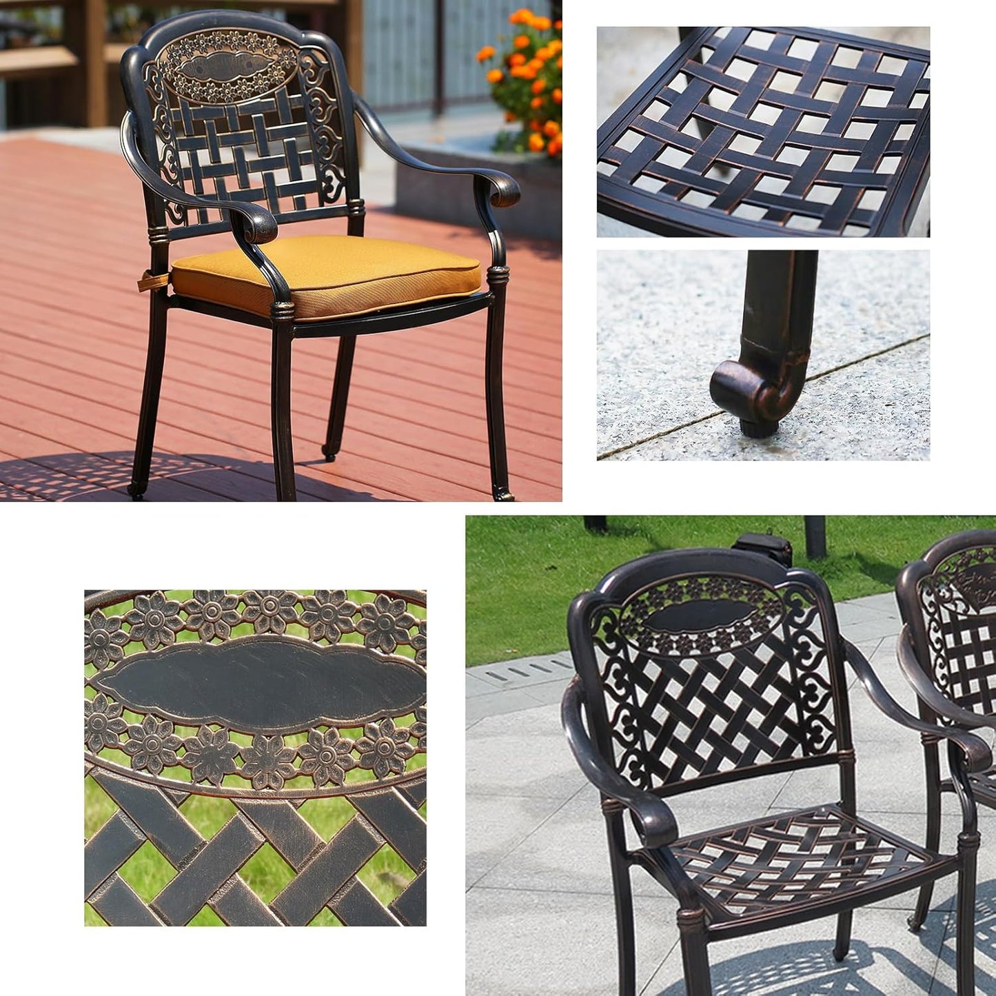 Outdoor Dining Chair Cast Aluminum Patio Chairs Set of 2 All-Weather Patio Dining Chair with Adjustable Feet for Backyard Garden (Die-Casting A Chair)