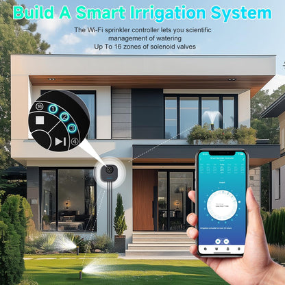 Smart Sprinkler Controller, 16-Zone/Station Irrigation System with APP Remote Control, GreenVation 2.4G/5GHz WiFi Water Timer for Outdoor Garden/Yard/Lawns
