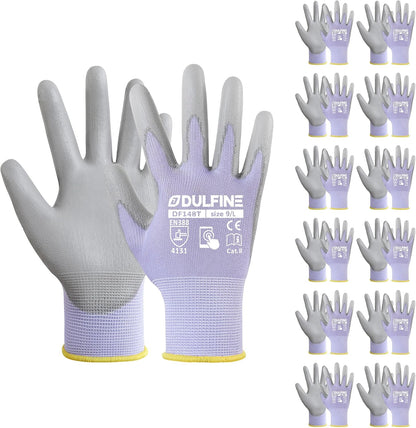 DULFINE Work Gloves for Men PU Coated 12 Pairs Bulk Pack,Purple Seamless Knit Glove with thin Polyurethane,Two Finger Touchscreen, for Men and Women, Ideal for Light Duty Work. (Medium)