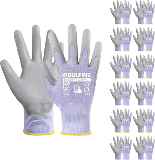 DULFINE Work Gloves for Men PU Coated 12 Pairs Bulk Pack,Purple Seamless Knit Glove with thin Polyurethane,Two Finger Touchscreen, for Men and Women, Ideal for Light Duty Work. (Medium)