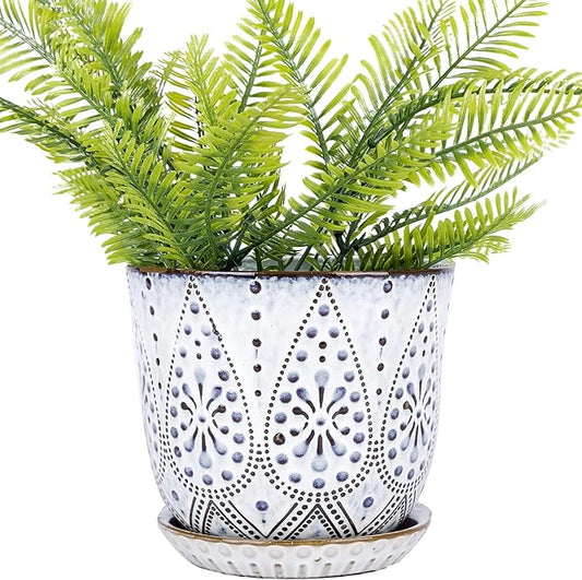 VanEnjoy 5.9 inch Round Bohemian Style Ceramic Planter, Geometry Engrave Off White Brown Succulent Planter Flower Pot, Indoor Outdoor Decorative Planter