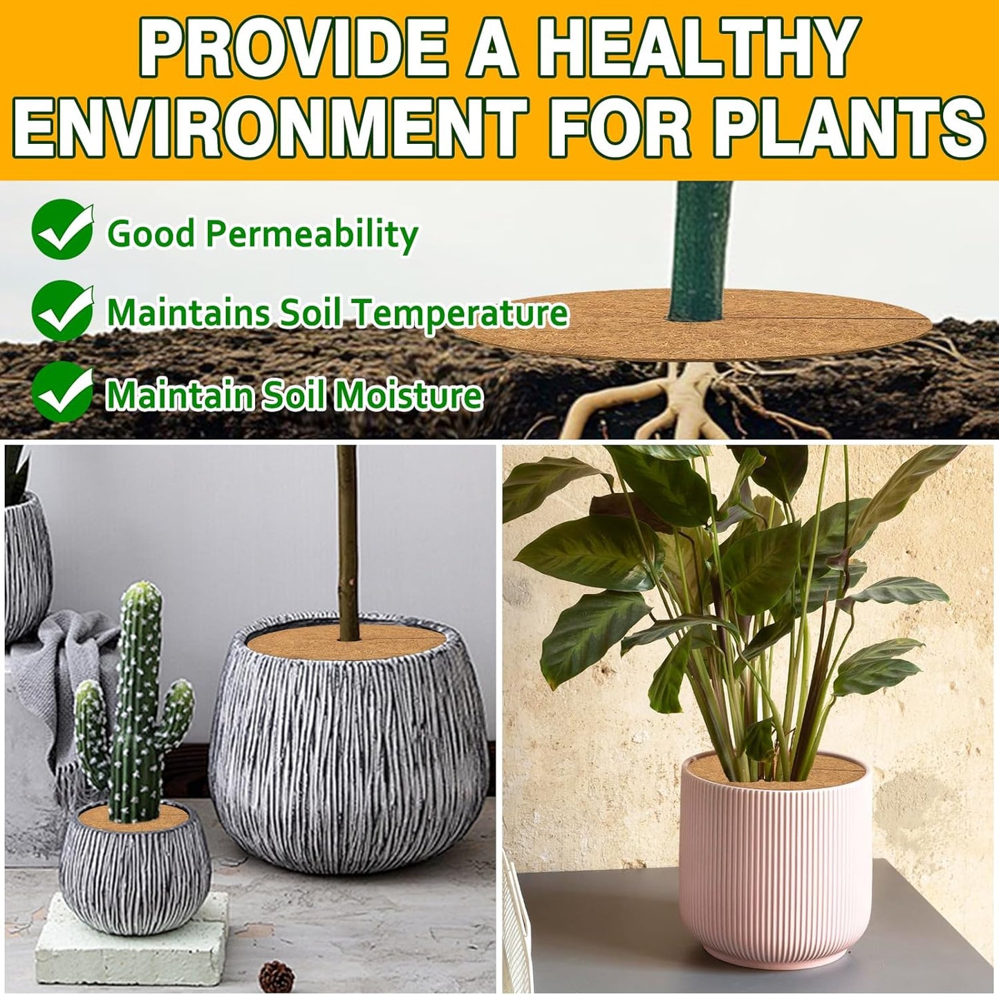 ZeeDix 10 Pack 6 Inch Coconut Fiber Mulch Ring, 100% Natural Coco Coir Tree Ring Mulch Mat Plant Protector Mat, Coconut Coir Discs Plant Pot Soil Cover for Indoor Outdoor Plants, Flower Pot Decoration