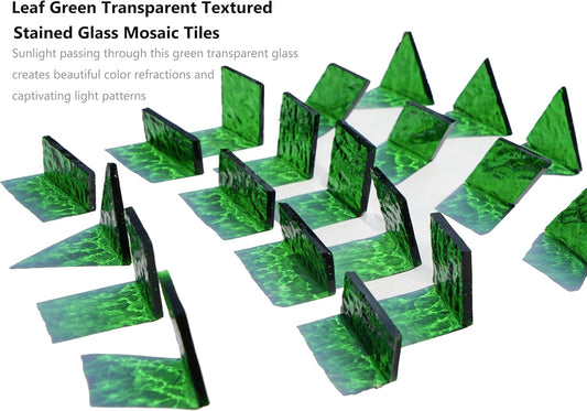 200G Large Size Transparent Glass Mosaic Tiles for Crafts, 4 Shapes Textured Cathedral Stained Glass Mosaic Pieces for Mosaic Art Decor, Leaf Green