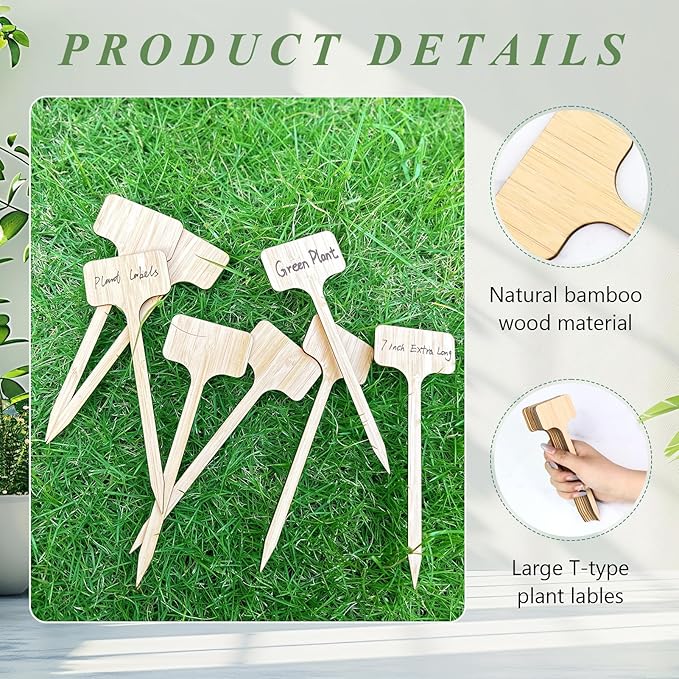 20 Pieces Extra Long Plant Labels, 7 inch Bamboo T-Type Plant Tags for Indoor Outdoor Garden Plants, Flowers Vegetables Fruit Herb Label Name Stakes Signs (7" x 2.28" x 0.07")