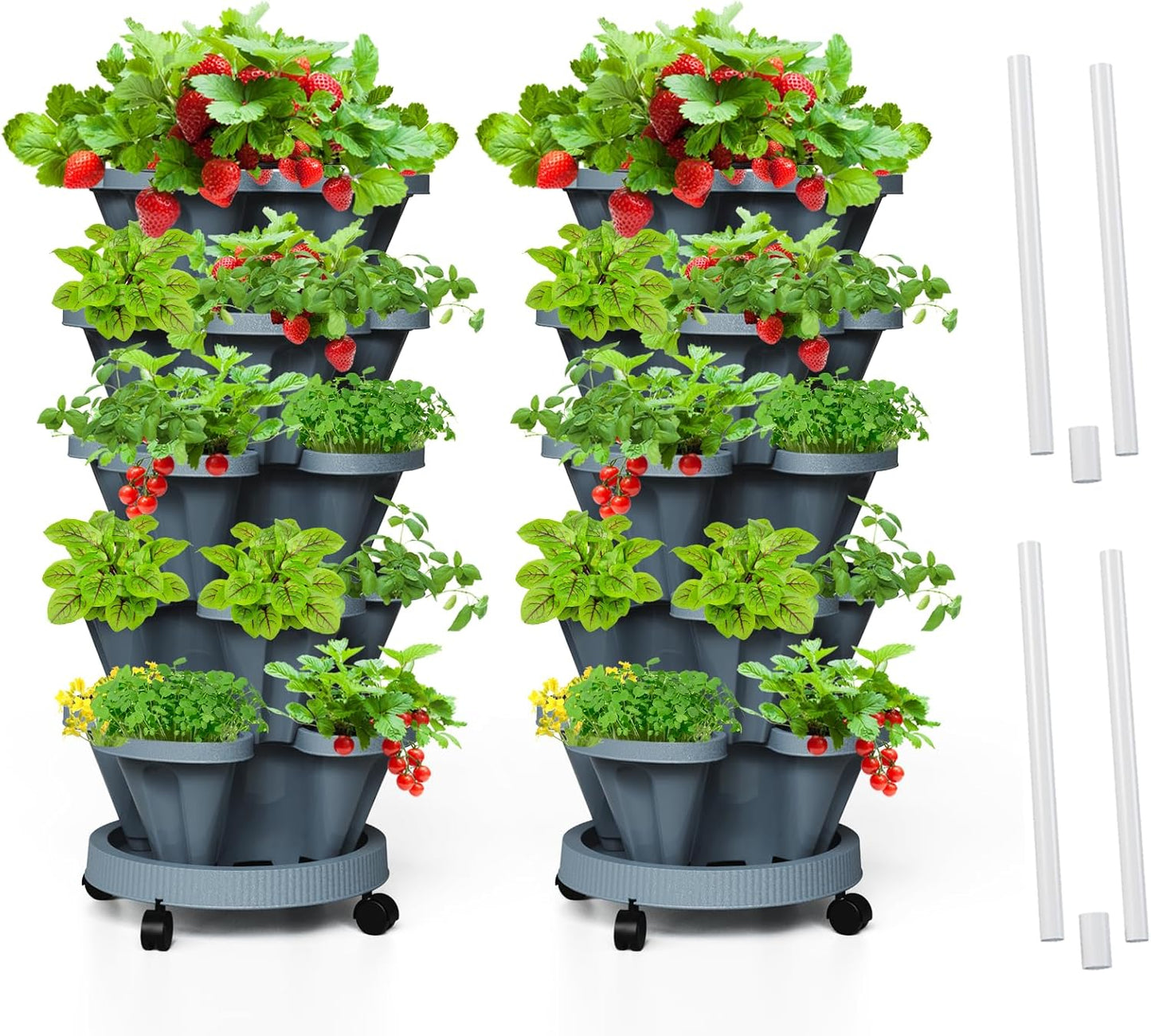 Strawberry Vertical Planters Tower Garden 2 Pack, 5 Tier Stacking Planter with Support Pole, Stackable Herb Planters Indoor Outdoor Dark Grey