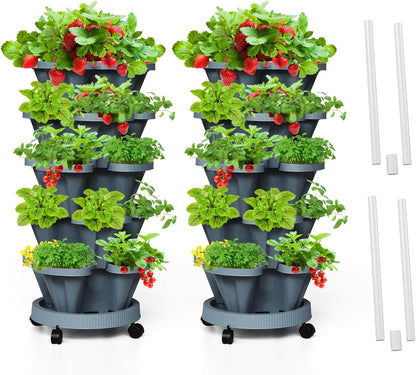 Strawberry Vertical Planters Tower Garden 2 Pack, 5 Tier Stacking Planter with Support Pole, Stackable Herb Planters Indoor Outdoor Dark Grey