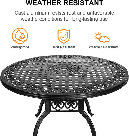 48 Inch Outdoor Dining Table Round Patio Bistro Table Powder-Coated Cast Aluminum Frame Patio Dining Table Garden Table with Umbrella Hole (Black)