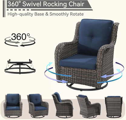 3 Pieces Outdoor Furniture Set - Patio Wicker Swivel Rocker Chair Set of 2 and 1 Side Table, Blue, Mixed Brown Rattan, Suitable for Porch, Yard