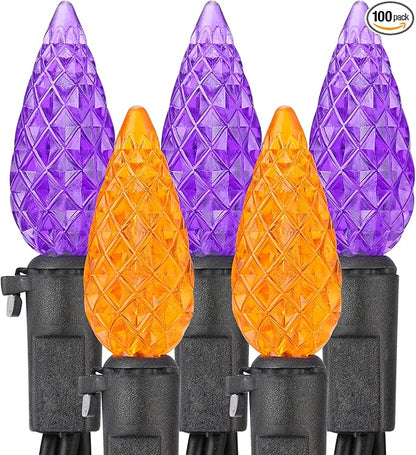 Brizled Purple & Orange Lights, 33ft 100 LED Faceted C5 Orange Halloween String Lights, 120V UL Certified Purple Light Set Connectable Halloween Light for Indoor Outdoor Tree Xmas Party Decoration