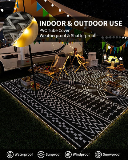 Outdoor Rug Carpet Waterproof 8x10 ft with LED Strip Lights-Patio Rug Mat Indoor Outdoor Rug for RV Camping Picnic Reversible Lightweight Plastic Straw Outside Rug for Patio Decor Decoration Boho Rug