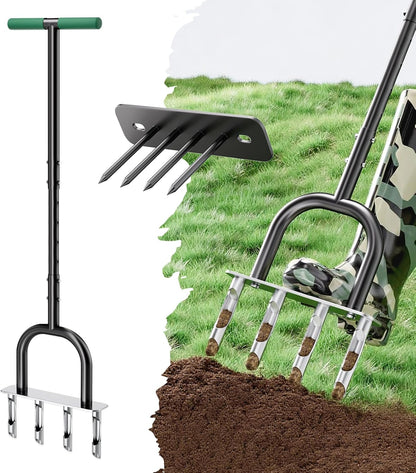 2-in-1 Lawn Aerator, Core Aerator Lawn Tool, Lawn Spike Aerator, Hand Aerator Lawn Tool with Replaceable Hollow and Solid Tines, Garden Tool Solve Soil Compaction for Garden Grass and Yard