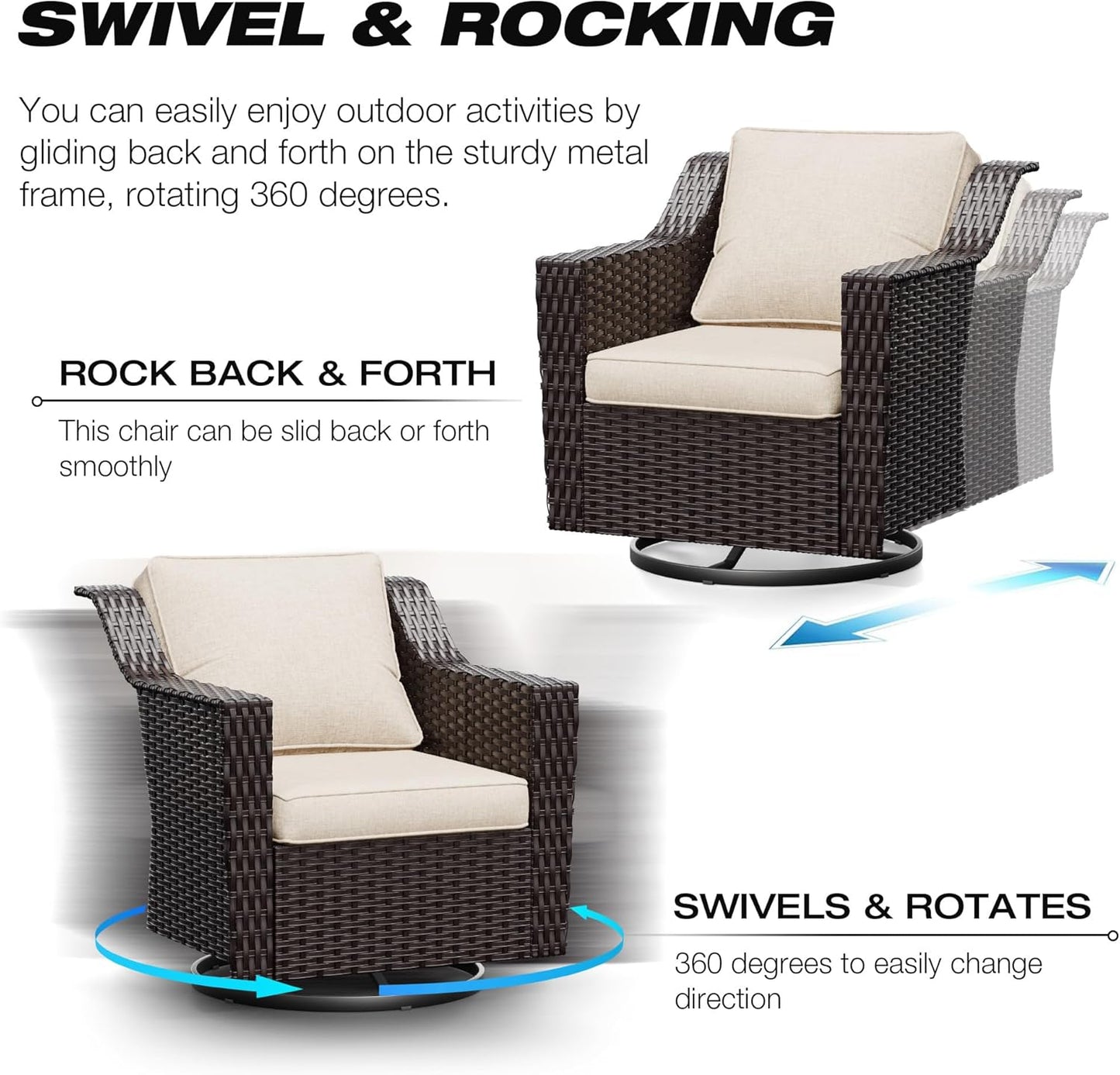 Joyside Outdoor Swivel Chair, Patio Swivel Chairs with Wide Armrest and Thick Cushions, Upgraded Large Size for Backyard, Garden, Poolside