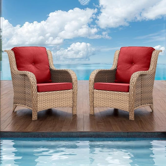 Rilyson Patio Furniture Chairs Outdoor Chair - 2 Piece Wicker Rattan Chairs Set with High Back and Deep Seating for Deck Porch Balcony Backyard Garden(Yellow/Red)