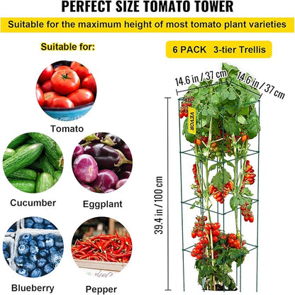 VEVOR Tomato Cages, 14.6" x 14.6" x 39.4", 6 Packs Square Plant Support Cages, Green PVC-Coated Steel Tomato Towers for Climbing Vegetables, Plants, Flowers, Fruits