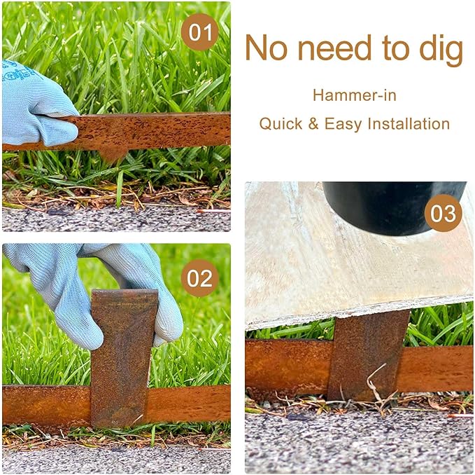 33ft Landscape Edging Cor-Ten Steel - Pre-Rusted Garden Border Kit, 10 Pack Hammer-in Lawn Edging Strips 11 Clips & Gloves - Durable Garden Edge for Lawn, Yard
