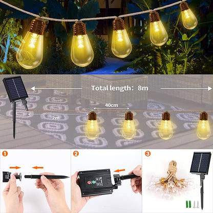 Colors Changing Solar String Lights Outdoor, 20Ft Vintage Rope Hemp Color Change Patio Lights, 16 Waterproof Shatterproof Bulbs Solar Light for Garden Yard Proch Wedding Party - Warm White & RGB