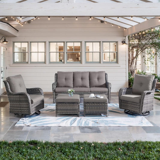 5 Piece Outdoor Patio Furniture Set - Wicker Furniture Patio Conversation Set, Outdoor Swivel Rocker Chairs with 3-Seater Sofa and 2 Ottomans for Small Space, Gray Cushion