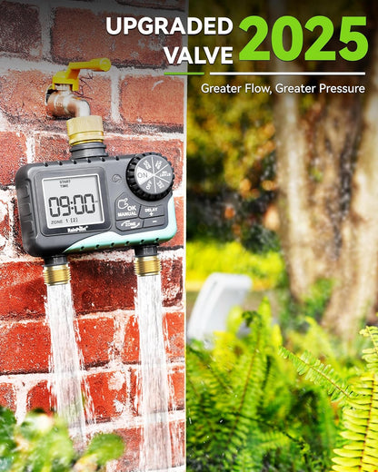 RAINPOINT 2 Zone Sprinkler Timer with Brass Inlet and Outlet - Water Timer for Garden Hose with Rain Delay/Manual Watering/Automatic Irrigation Controller System - Water Hose Timer for Yard Lawn