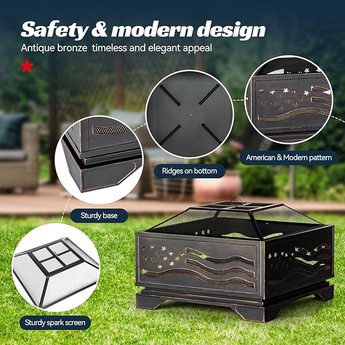 32Inch Square-Shaped Fire Pit,Outdoor Fire Pits with Spark Screen&Poker,Metal Square Wood Burning Firepits for Outside,Backyard,Bonfire,Patio,Party,Garden,Picnic and Camping(Antique Bronze)