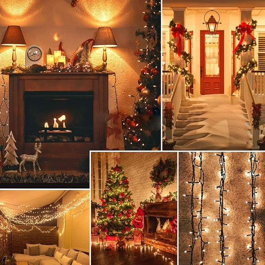 Connectable 300LED 99Ft 13Modes Christmas String Lights Outdoor Indoor | Extendable Green Wire Warm White Christmas Tree Lights with Timer | Twinkle Fairy Light Plug in for Xmas Tree(Warm White)