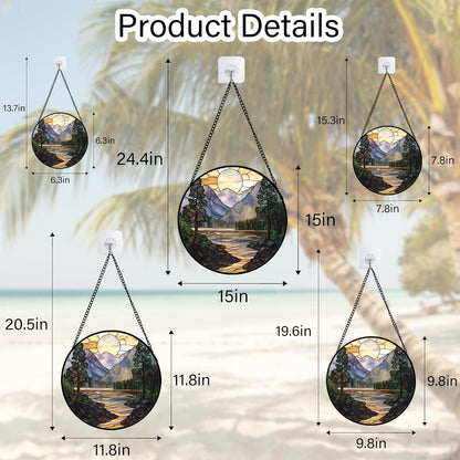 Stained Glass Window Hanging, Sunset Mountains Lake Tree Sun Catcher for Window Home Decor Landscape Suncatcher Mother's Day Birthday Gifts for Women Men Mom and Nana 9.8 in