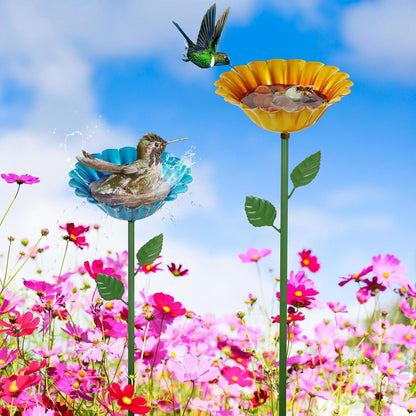 Large Bee Watering Station 2 Pack - Bee Bath for Garden Metal Butterfly Feeders Bowl with 5.32'' Flower Design Bird Bath for Outside Outdoors Garden Decor (Blue,Yellow)