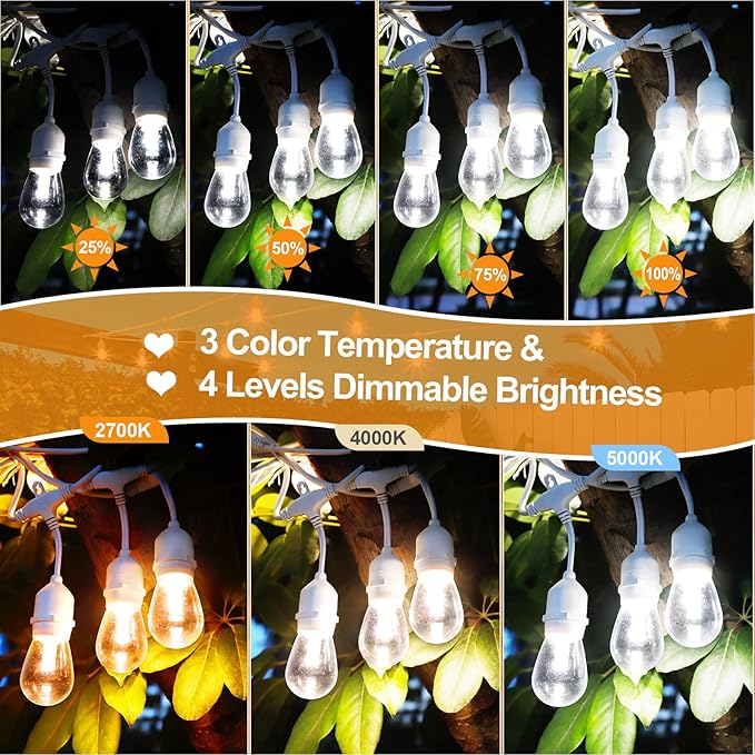 Mlambert 3-Color in 1 Dimmable Solar String Lights Outdoor, 48FT Patio String Lights with Remote and 15+3 Waterproof LED Bulbs for Bistro-White Cord