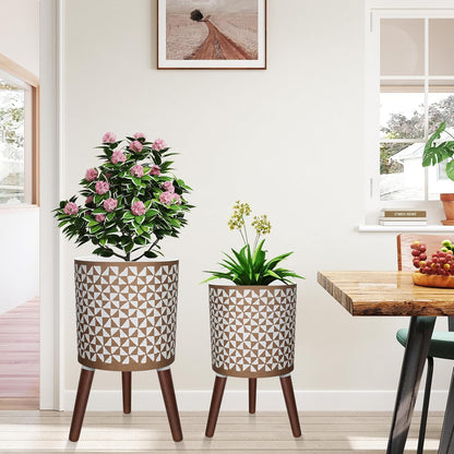 10 & 12 Inches Plant Pot with Stand, Large Modern Standing Planters for Indoor Outdoor Plants with Drainage Holes, Big Gold Floral Embossed Flower Pots with Legs