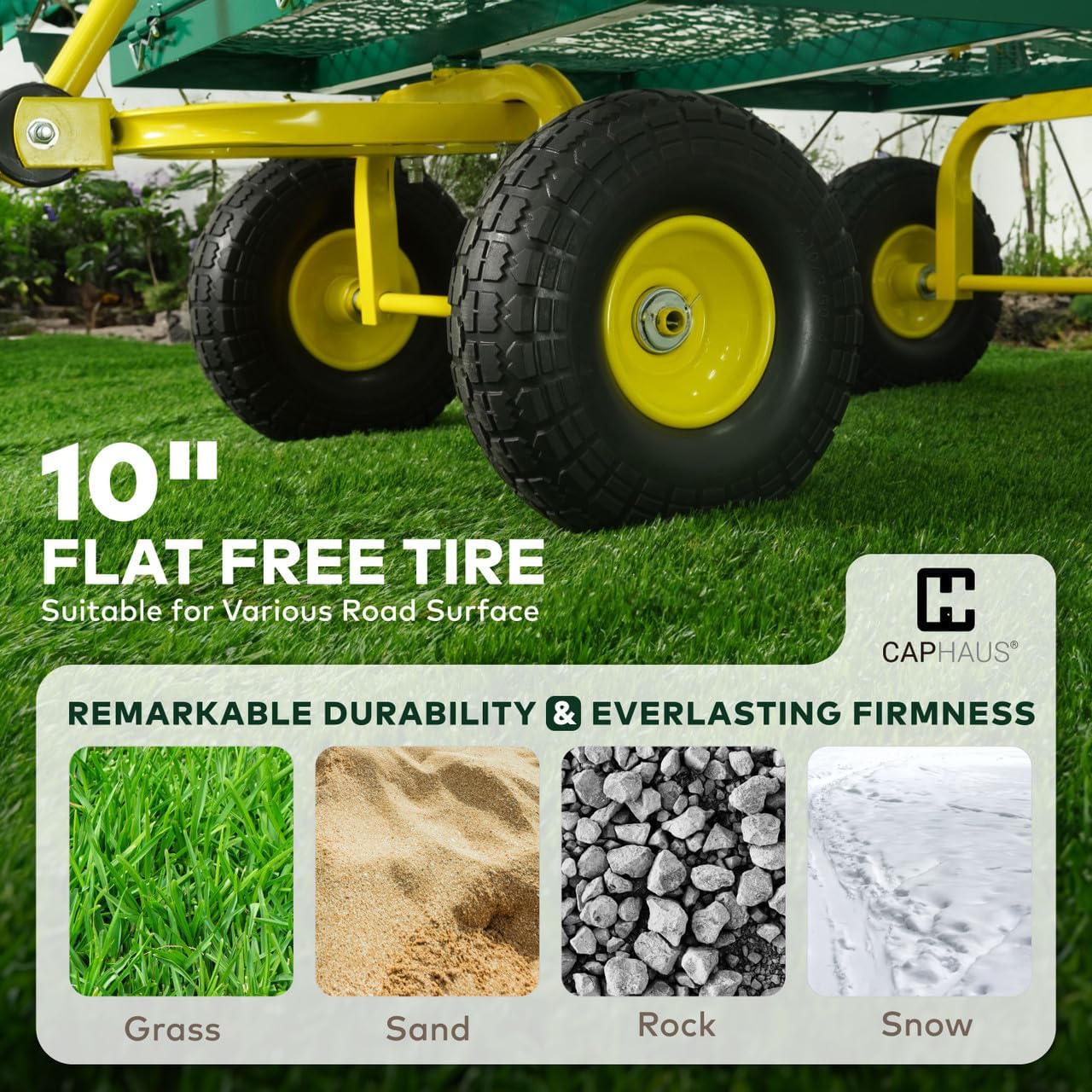 CAPHAUS Metal Green Garden Cart, w/ 180° Adjustable Yellow Handle, w/Mat and Strap, Heavy Duty 880 lbs Capacity, w/ 10” Flat-Free Tires, Sides Removable, Utility Wagon, Yard Cart, for Garden, Farm