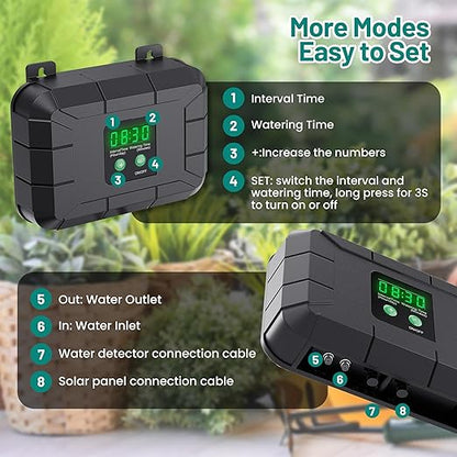 Automatic Drip Irrigation Kit, 8W Solar Irrigation System for Garden with Digital Programmable Timing Modes, Solar Watering System Take Care Your Plants