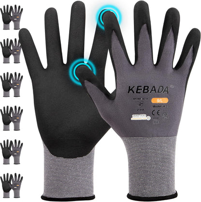 Kebada W2 Work Gloves for Men and Women, Nitrile Coated Working Gloves for Gardening, Construction, Warehouse, Safety Gloves for Work in Yard and Outdoors, 6 Pairs, Large
