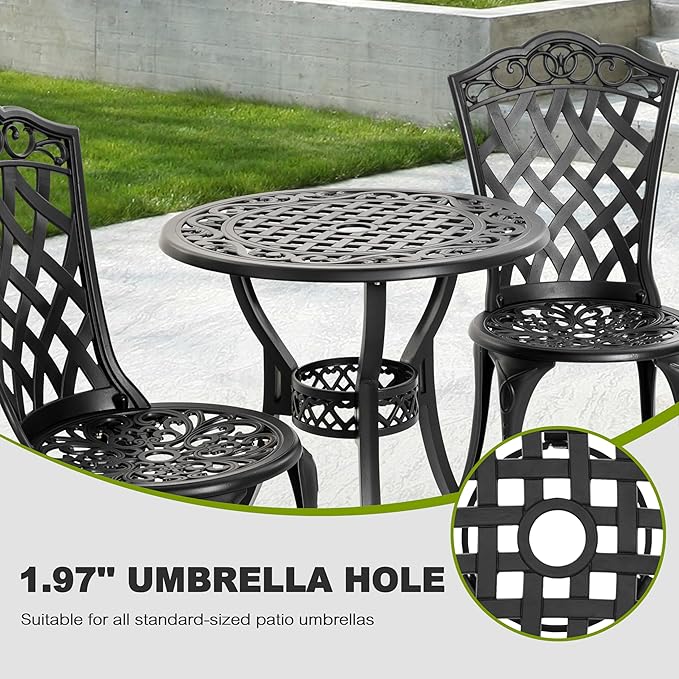 NUU GARDEN 3 Piece Outdoor Bistro Table Set, All Weather Cast Aluminum Patio Bistro Sets Patio Table and Chairs Set of 2 with Umbrella Hole for Yard, Garden, Balcony, Black