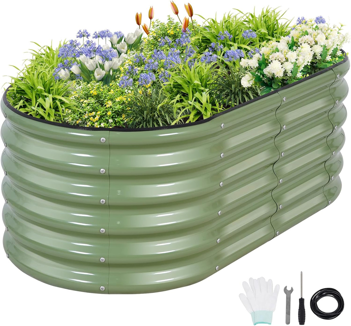 Galvanized Raised Garden Bed - 4x2x1.4FT Metal Planter Boxes Outdoor | Oval Steel Raised Bed Kit for Gardening with Protective Tape, Gloves for Vegetables, Flower, Herb (Green)