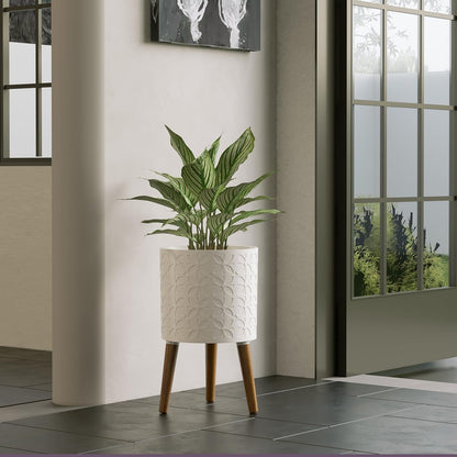 10 Inch Planter Pot with Stand, Planter for Indoor Plants, Modern Large Flower Planter Pot with Drainage Holes for Outdoor,Matte White