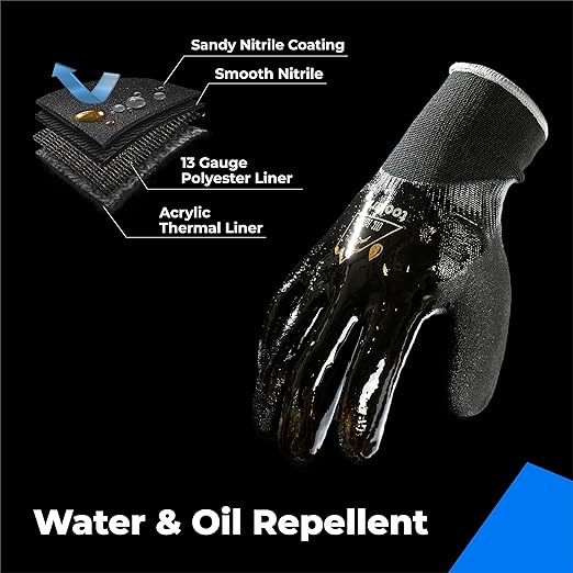 Waterproof Gloves for Men and Women, Freezer Gloves with Grip, Double Nitrile Dipped for Extreme Oil Repellent, for Construction, Mechanics, Mining, Plumbing, Black, Medium