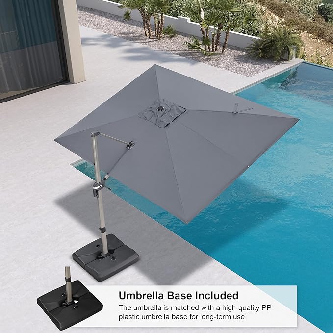 PURPLE LEAF 9' x 11' Patio Umbrella with Base Cantilever Umbrella Rectangular Outdoor Offset Umbrella with Champagne Frame and 360° Rotation for Garden Deck Pool, Light Grey