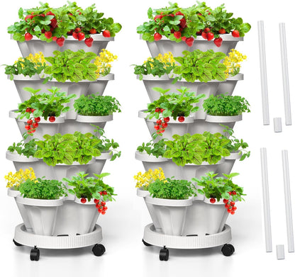 Strawberry Vertical Planter, 5 Tiered Stacking Garden Tower, Stackable Herb Vegetable Planters with Support Pole Indoor and Outdoor - White